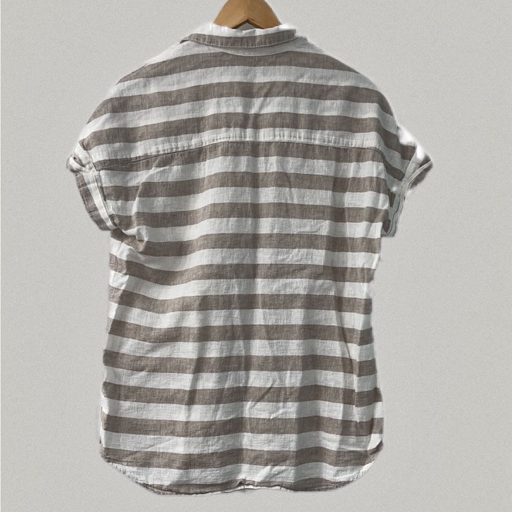 Peyton Jensen Size XS Linen Cotton Blend Rolled Short Sleeve Button Down Striped - Picture 2 of 8